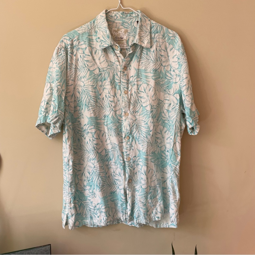 Tasso Elba blue white silk linen button up Aloha shirt Men Large
